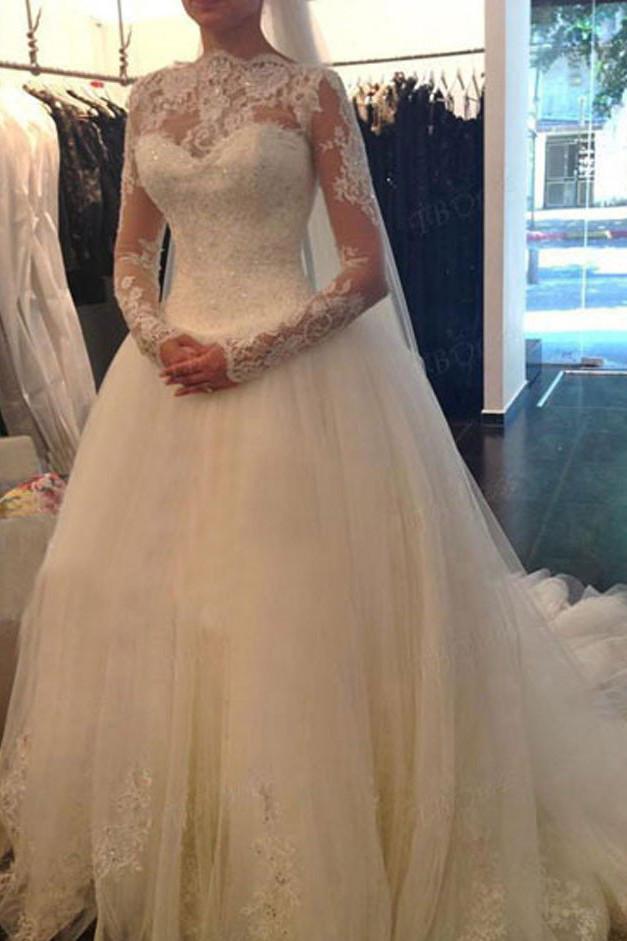 White Long Sleeve Cheap V-back A-line Lace Tulle Wedding Dresses, MW238