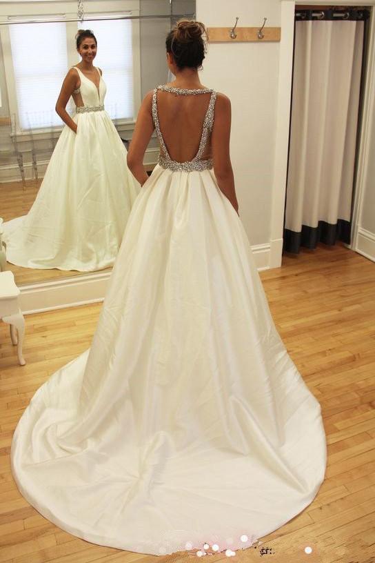 White Beaded Deep V Neckline A-line Backless Long Wedding Dresses, MW214