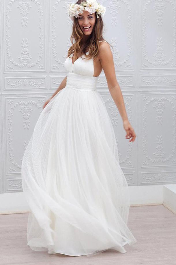 White Tulle V neck Spaghetti Straps Backless Simple Beach Wedding Dresses, MW188|muserbridals.com