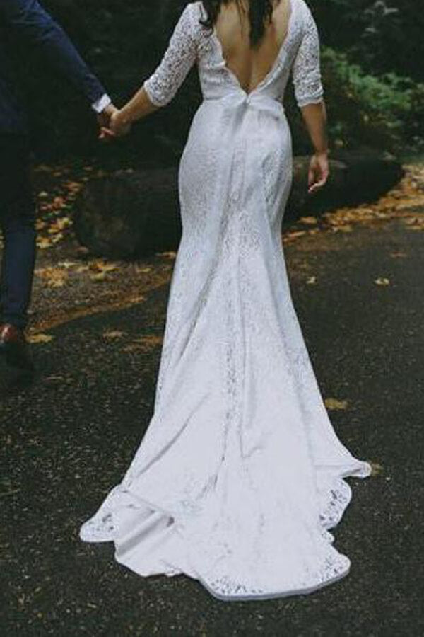 White Lace Mermaid Half Sleeves V-neck Wedding Dresses, Bridal Gown, MW581 | mermaid wedding dresses | lace wedding gowns | wedding dresses near me | www.musebridals.com