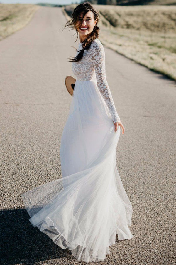 White Lace Tulle Long Sleeves Beach Wedding Dresses, Bridal Dress, MW570 | beach wedding dresses | lace wedding dress | bridal gowns | www.musebridals.com