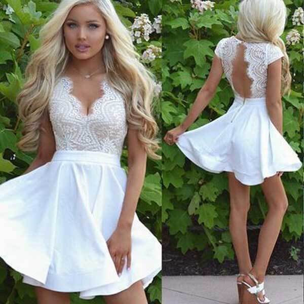 White Satin Lace A-line Cap Sleeves Homecoming Dresses, Graduation Dresses, MH577 | sweet 16 dress | homecoming dance dress | homecoming dresses online | musebridals.com