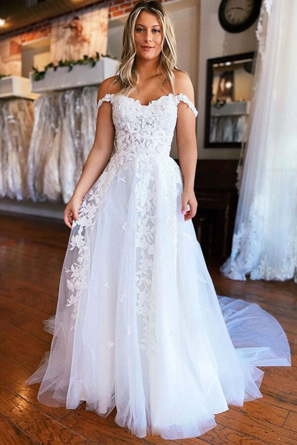White Tulle A-line Long Wedding Dresses With Lace Appliques, Bridal Gown, MW629 | cheap lace wedding dress | bridal gowns | tulle lace wedding gown | www.musebridals.com