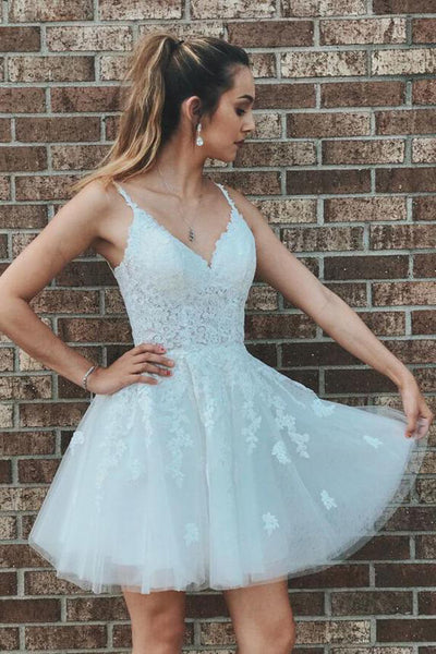 White Tulle A-line V-neck Lace Homecoming Dresses MH558 | Musebridals White Tulle A-line V-neck Lace Homecoming Dresses MH558 | Musebridals