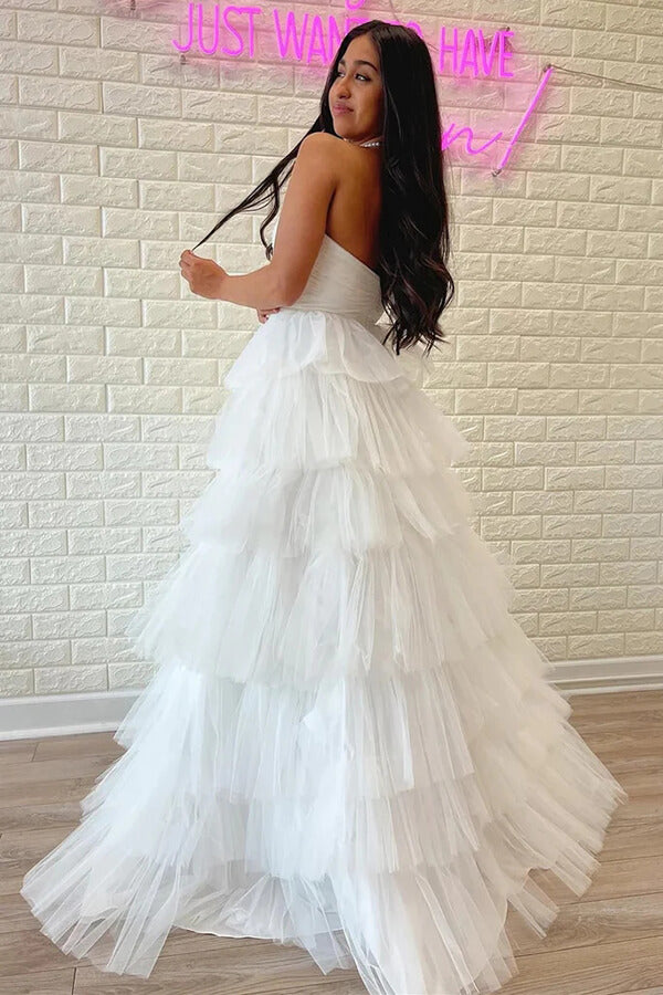 White Tulle Tiered A-line Strapless Prom Dresses, Party Dress With Ruffles, MP802 | cheap long prom dress | a line prom dress | evening gown | musebridals.com