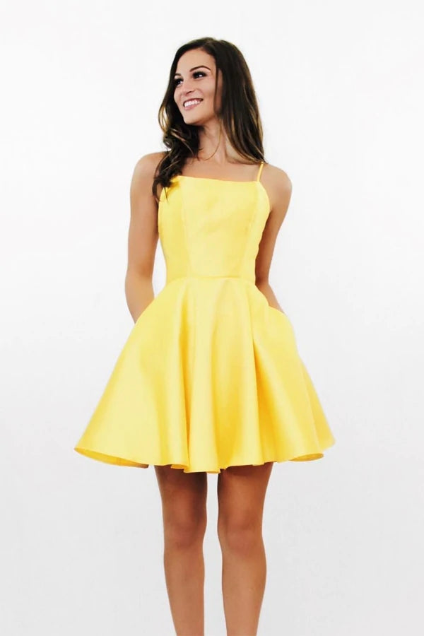 Yellow A-line Homecoming Dress With Pockets, Simple Graduation Dress, MH537 | yellow homecoming dresses | simple homecoming dresses | cheap homecoming dresses | www.musebridals.com