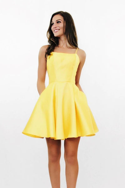 Yellow A-line Homecoming Dress With Pockets, Simple Graduation Dress, MH537 Yellow A-line Homecoming Dress With Pockets, Simple Graduation Dress, MH537