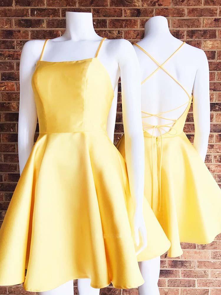 Yellow A-line Homecoming Dress With Pockets, Simple Graduation Dress, MH537 | satin homecoming dresses | school event dresses | graduation dresses | www.musebridals.com