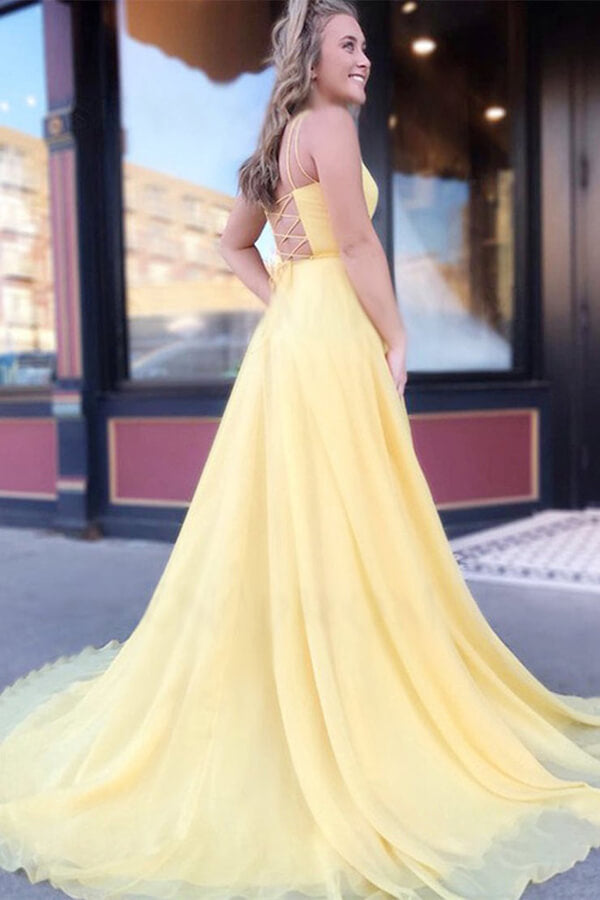 Yellow Chiffon A-line Spaghetti Straps Long Prom Dresses, Evening Gown, MP647 | a line prom dress | party dresses | evening gown | www.musebridals.com