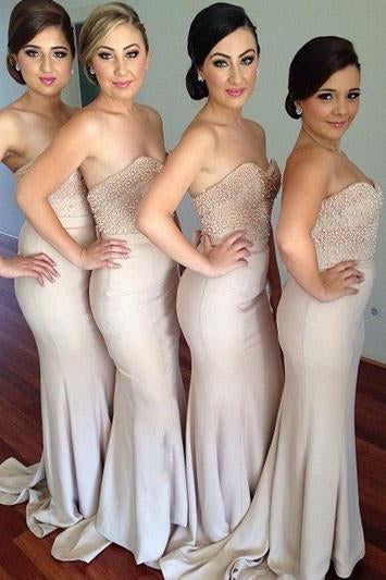 open lace back dress Inexpensive Beaded Sweetheart Mermaid Long Bridesmaid Dresses for Wedding,  MB104