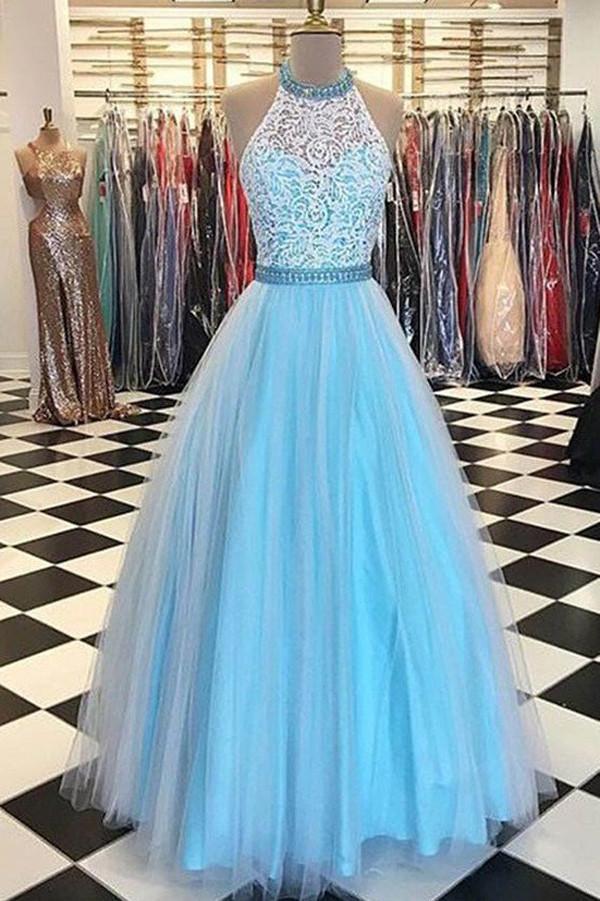 Blue Tulle Sleeveless A Line Halter Lace Bodice Prom Dresses, Evening Dresses, MP395