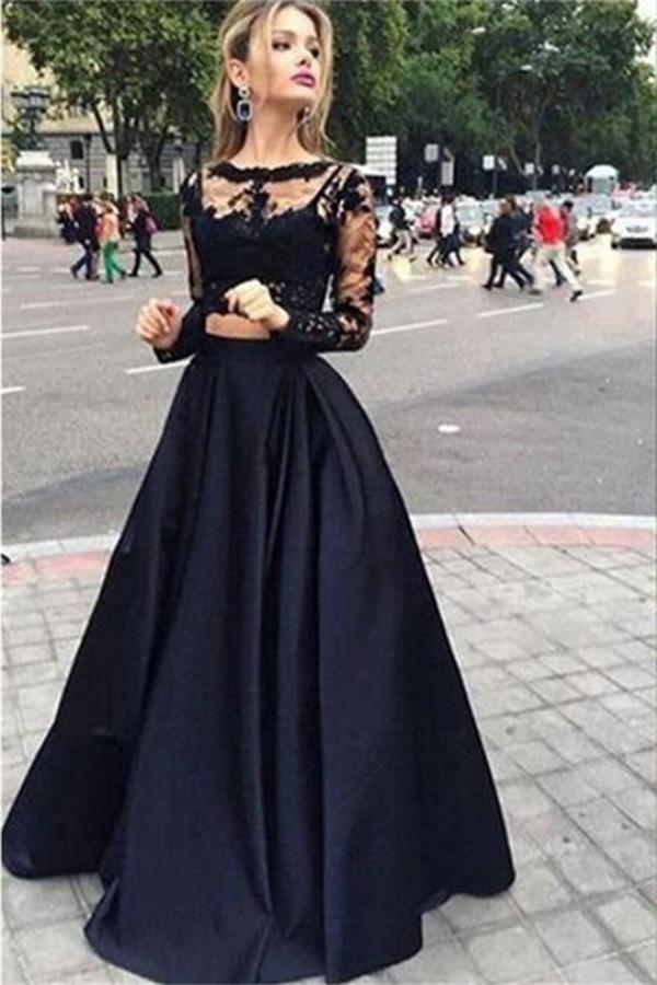 Two Piece Black Ball Gown Long Prom Dress, Long sleeves Evening Dress, Party Dresses, MP106