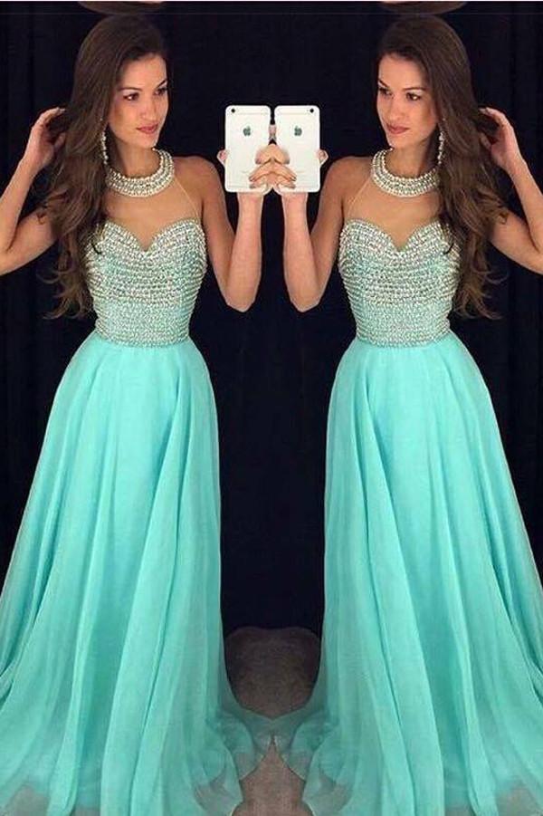 Chiffon Fashion O Neck Long Prom Dresses with Beading, Party Dresses, MP177