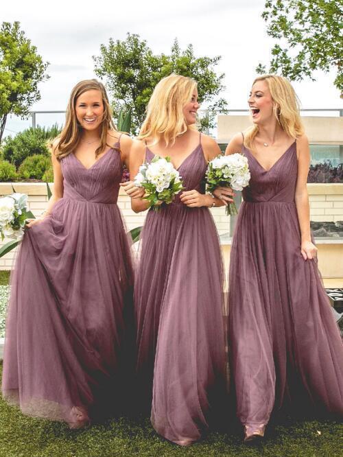 Dusty Purple Tulle Spaghetti Straps A-line V-neck Bridesmaid Dresses, MBD153 | bridesmaid dresses online | long bridesmaid dress | Junior bridesmaid dresses | www.musebridals.com