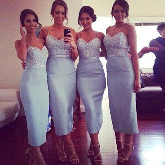 Blue Sheath Tea Length Spaghetti Straps Short Bridesmaid Dress, Wedding Party Dress, MB106