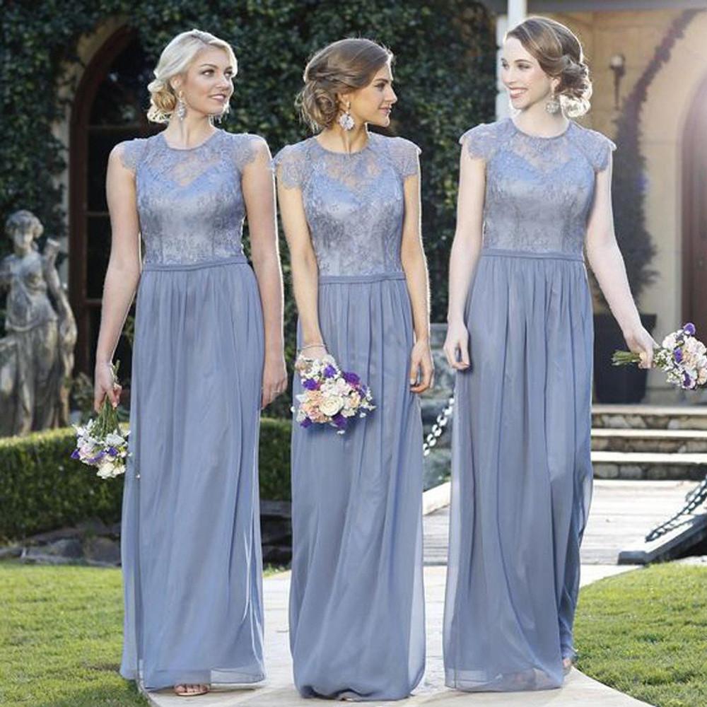 Charming Cap Sleeve A Line Cheap Lace Round Neck Long Bridesmaid Dresses, MB115 at musebridals.com