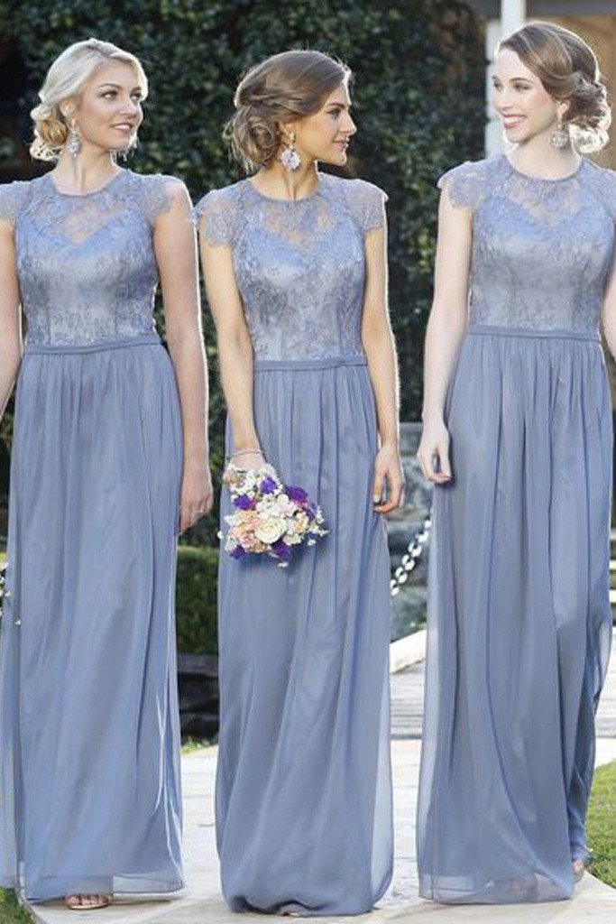Charming Cap Sleeve A Line Cheap Lace Round Neck Long Bridesmaid Dresses, MB115