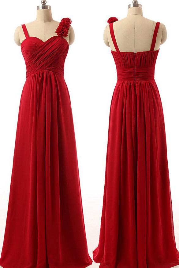 Red Chiffon Sweetheart Long Bridesmaid Dress, Cheap Wedding Party Dress, MB122