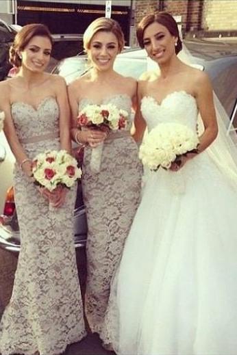Gray Lace Sweetheart Floor Length Long Bridesmaid Dress, Wedding Party Dresses, MB165
