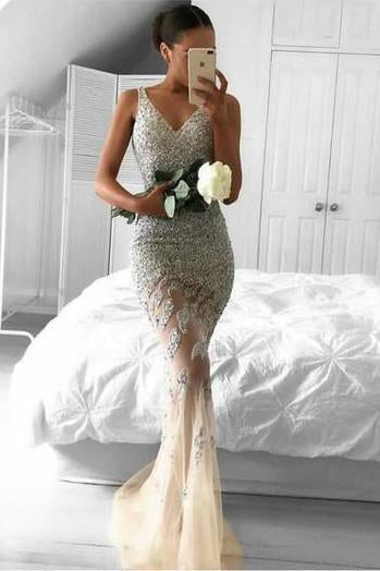 Tulle Beaded Long Mermaid V neck Lace Party Dresses, Long Prom Dress, MP272