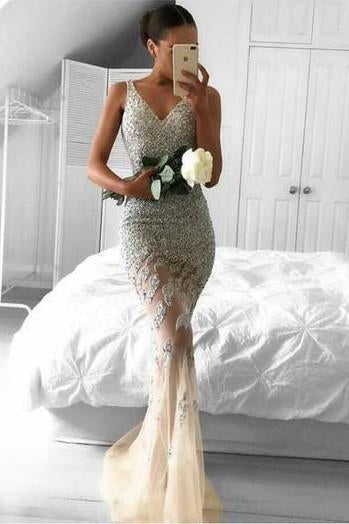Tulle Beaded Long Mermaid V neck Lace Party Dresses, Long Prom Dress, MP272  – Musebridals