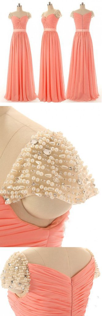 Beaded Chiffon Cap Sleeve Sweetheart Long Bridesmaid Dresses, Simple Prom Dress, MP123