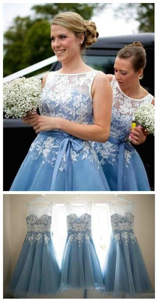 Most Popular Organza Bateau Off Shoulder Lace Short Bridesmaid Dresses, MB179|musebridals.com