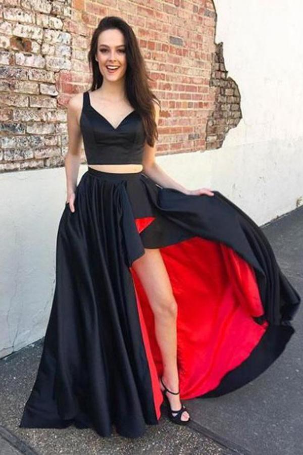 Black Red A-line Two Piece Satin V-neck Sweetheart Asymmetrical Prom Dress, MP124