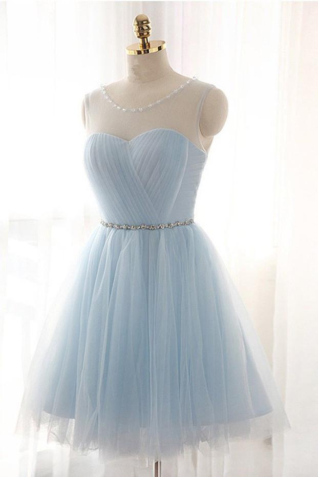Charming Light Blue Tulle Short Prom Dresses, A-line Homecoming Dresses, MH361