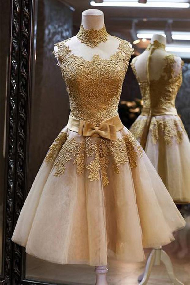 Tulle God Lace Vintage High Quality High Neck Bowknot Homecoming Dresses, MH137