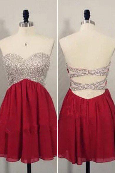 Red Short Open Back Prom Dresses,Beaded Homecoming Dress For Girls, MH303