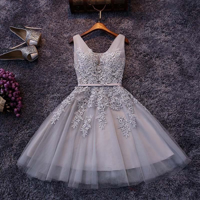 musebridals.com|Gray Knee-length Lace Tulle A-line V-neck Homecoming Dresses with Appliques, MH421