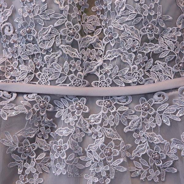 Gray Knee-length Lace Tulle A-line V-neck Homecoming Dresses with Appliques, MH421