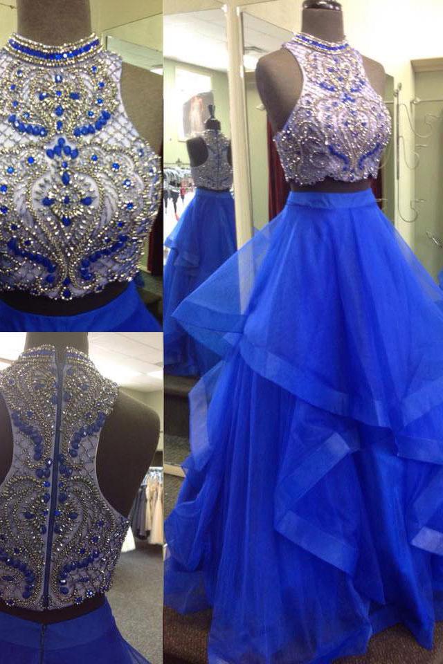 Charming Royal Blue Beaded A-line Ball Gown Top Two Piece Prom Dresses, MP161