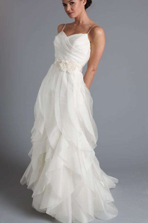 Spaghetti Straps Ruffled Tulle Simple Floor Length Wedding Dresses, MW260