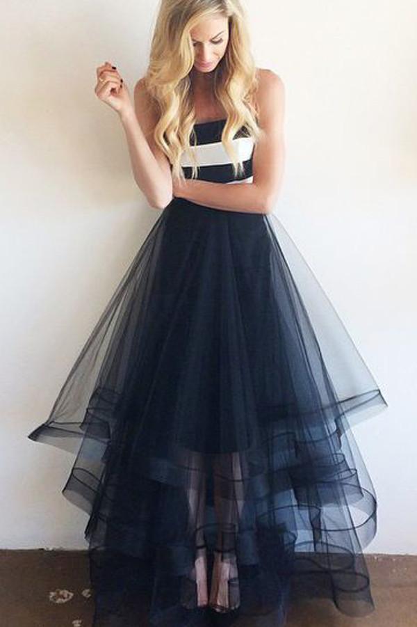 Cheap Navy Blue and White Tulle Simple Long Strapless Prom Dresses, MP172