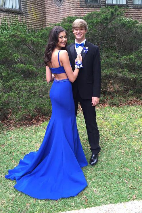 Royal Blue Mermaid Open Back Beaded Prom Dresses with Sweep Train, MP369