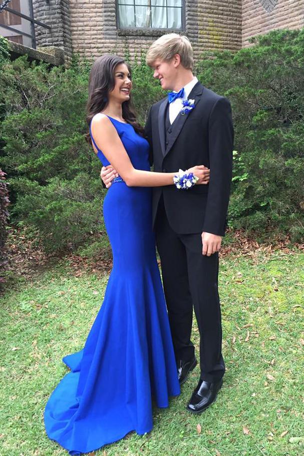 Royal Blue Mermaid Open Back Beaded Prom Dresses with Sweep Train, MP369