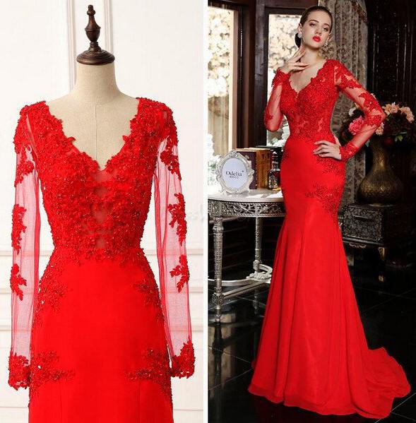 musebridals.com offer Gorgeous Red V-neck Long Sleeves Mermaid Satin Prom Dresses With Appliques, MP414