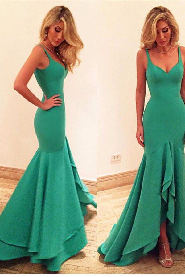 Green Mermaid Satin Sweetheart Straps Ruffles Prom Dresses, Evening Gown, MP383
