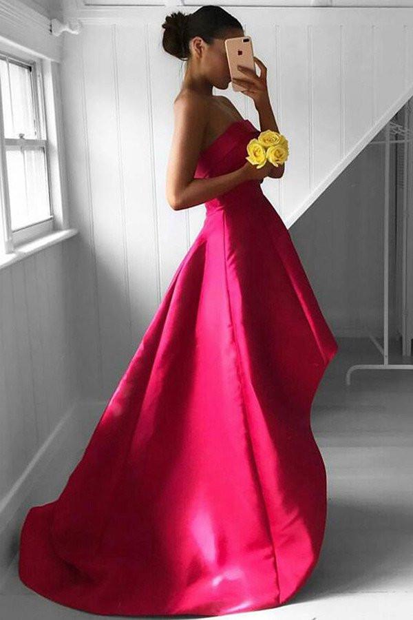 New Arrival Red High Low Off Shoulder of Fuchsia Pleated Strapless Prom Dress, MP308|musebridals.com