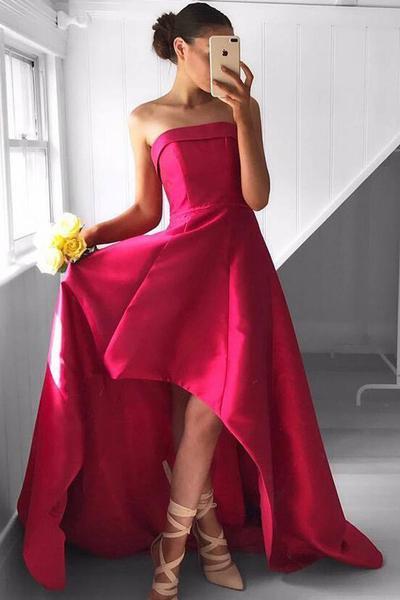 New Arrival Red High Low Off Shoulder of Fuchsia Pleated Strapless Prom Dress, MP308