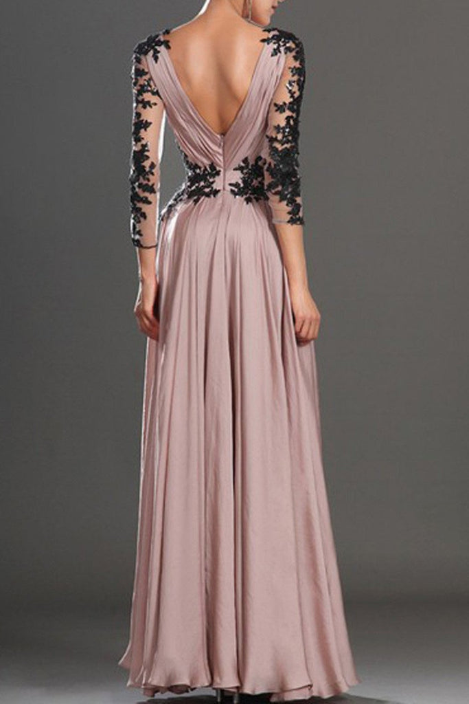 Classic Chiffon Long Sleeve V-Neck Lace Prom Dresses Evening Dresses, MP287|musebridals.com
