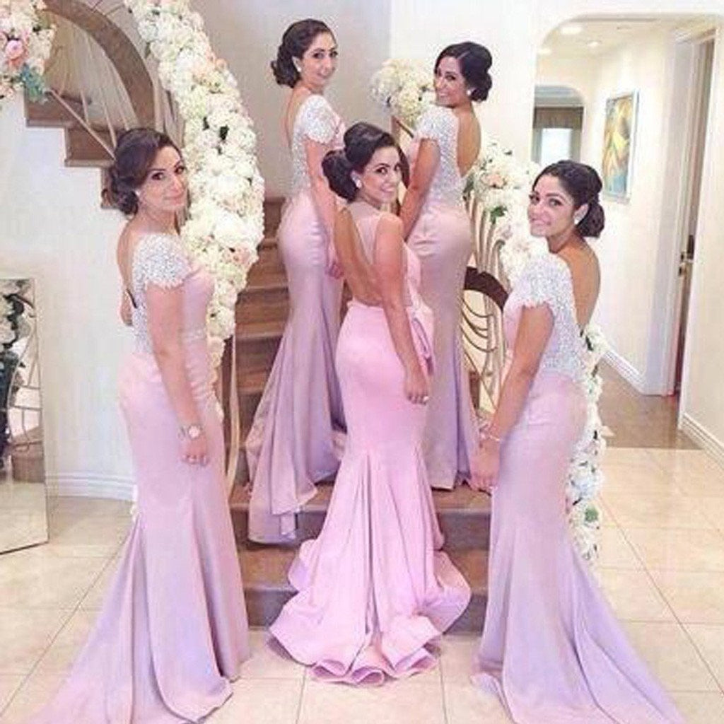 Inexpensive Cap Sleeve Open Back Mermaid Long Bridesmaid Dresses With Beading, MB101 at musebridals.com