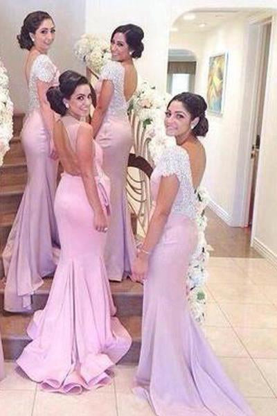 Inexpensive Cap Sleeve Open Back Mermaid Long Bridesmaid Dresses With Beading, MB101