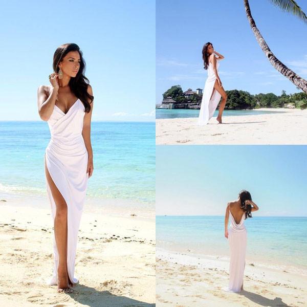 White Satin Simple Sheer Back Beach Wedding Dresses With Side Slit, MW251