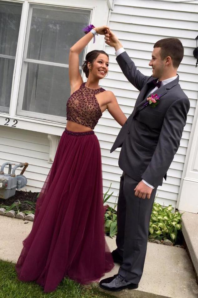 Fabulous Two piece Halter Maroon Backless Long Prom Dress With Beading, MP207