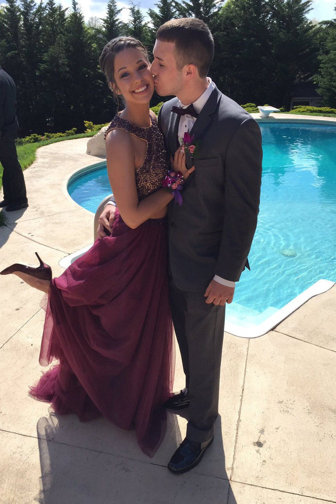 Fabulous Two piece Halter Maroon Backless Long Prom Dress With Beading, MP207 at musebridals.com