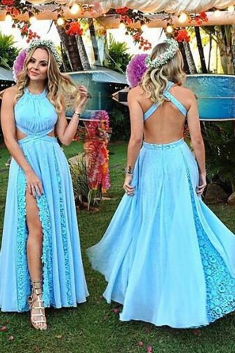 Charming Baby Blue Halter Lace Long Prom Dresses, Split Evening Dress with Lace, MP107