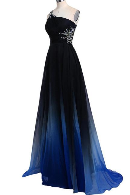 Ombre A-line Chiffon One Shoulder Sweep Train Long Prom Dresses With Beads, MP313 offered by musebridals.com